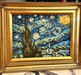 Framed Van Gogh’s “Starry Night” Oil on Canvas Replication Painting signed by artist Duford, 22”x18”