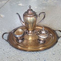 1847 Rogers & Bro Antique Silverplate Oval Rose Trim Coffee, Cream & Sugar Set. 