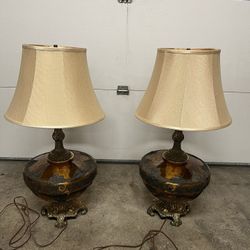 GORGEOUS MID-CENTURY MOD AMBER OPTIC GLASS GLOBE HOLLYWOOD REGENCY TABLE LAMPS