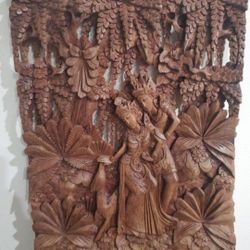 14" x 18.5" Hand Carved Wooden Hindu God - Radha Krishna Chanting Mandir Sculpture Art Temple Pooja.