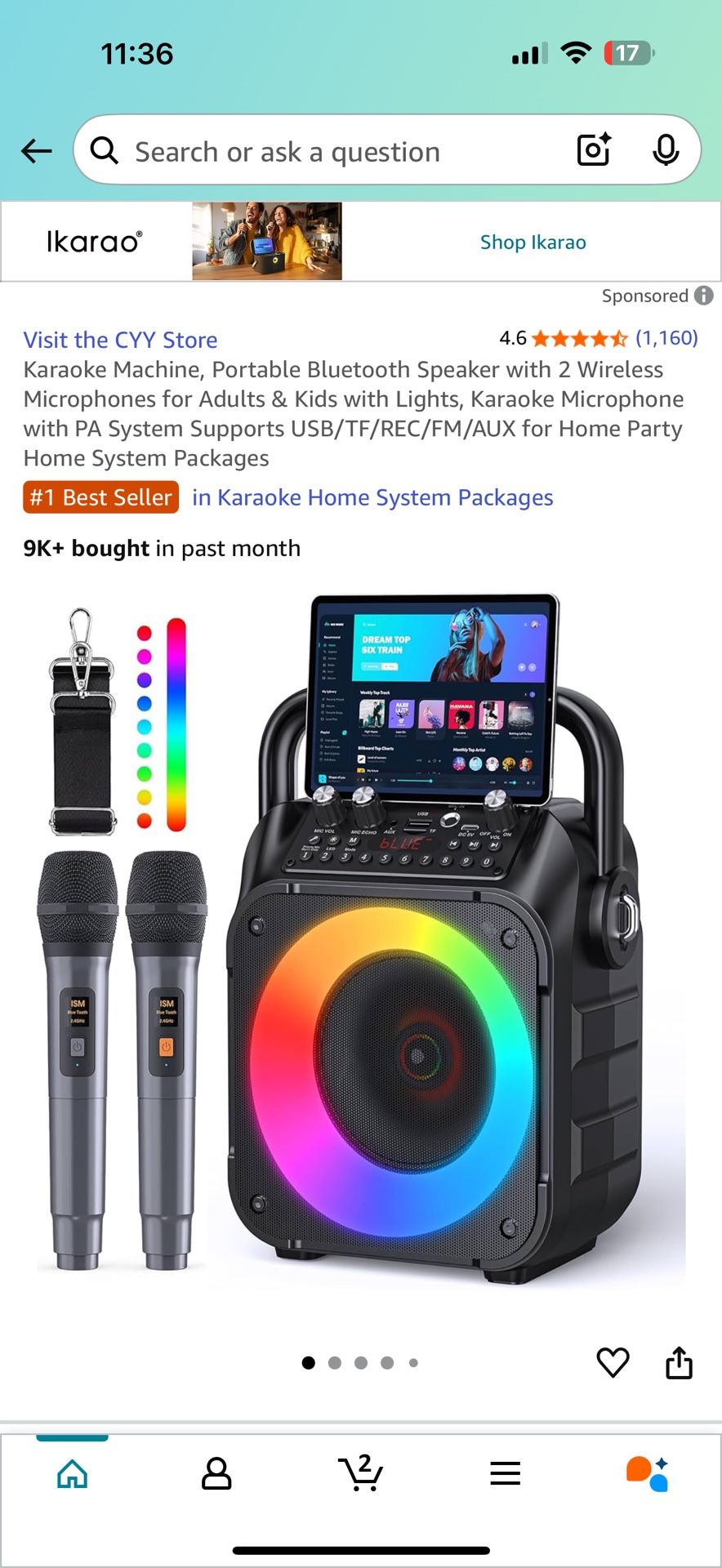 Karaoke Machine, Portable Bluetooth Speaker with 2 Wireless Microphones for Adults & Kids with Lights, Karaoke Microphone with PA System Supports USB/