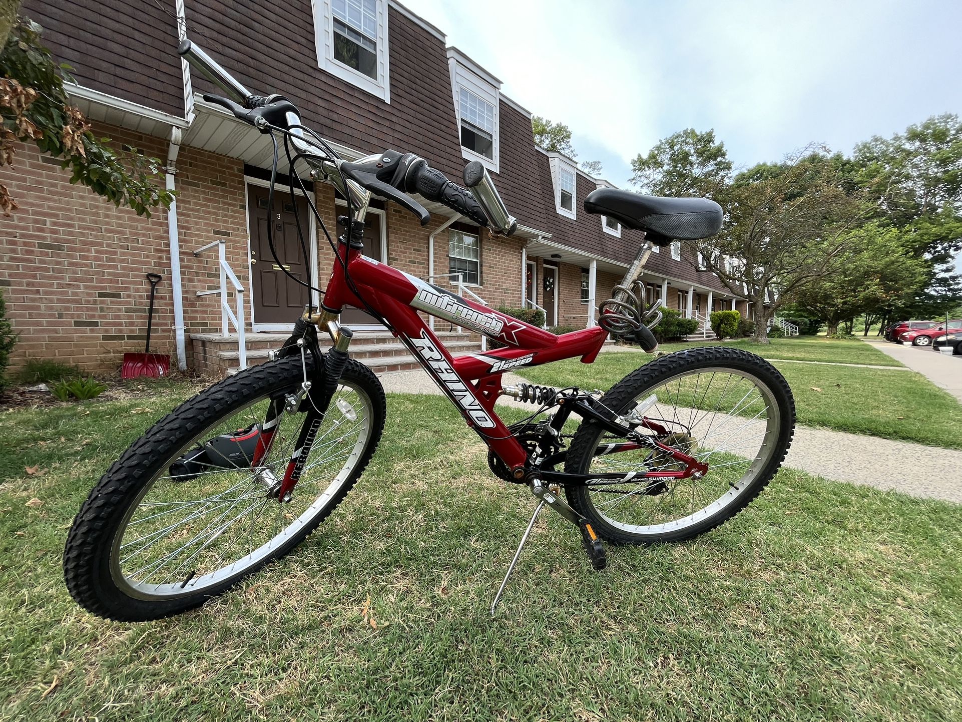 Bike 26 Rhino Outreach X 21 Speed Mtn Bike Full Suspension includes Rack Helmet Lock Repair Kit for Sale in Trenton NJ OfferUp