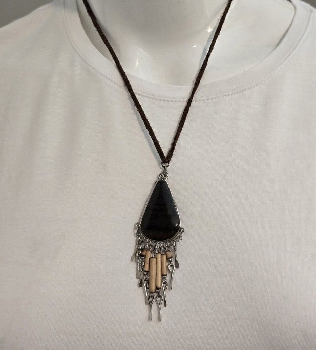 Rampage Necklace Leather Strap Glass Tear Drop Pendant Wood Silver Coil Dangles