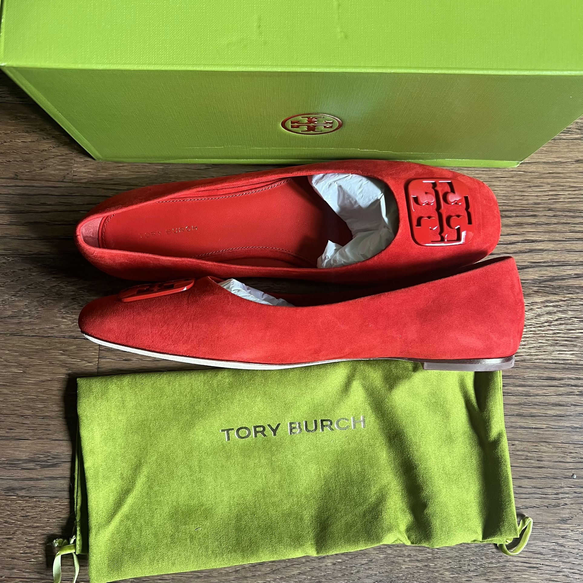 Tory Burch Red Suede Logo Flats