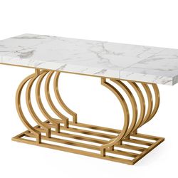 XK00272 Faux Marble Dining Table, 63 inch Wood Kitchen Table with Geometric Frame