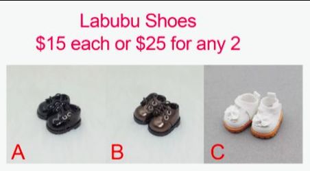 Labubu Shoes: $15 each or $25 for any 2