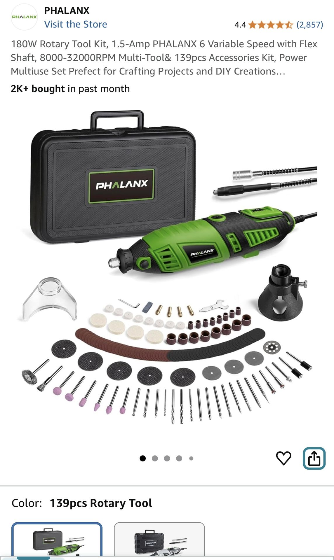 180W Rotary Tool Kit, 1.5-Amp PHALANX 6 Variable Speed with Flex Shaft, 8000-32000RPM Multi-Tool& 139pcs Accessories Kit, Power Multiuse Set Prefect f
