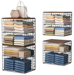 Closet Organizers and Storage Shelves, Closet Storage Basket with Wood Tops, Adjustable Height Dividers Closet Storage Bins for Home Closet Organizer