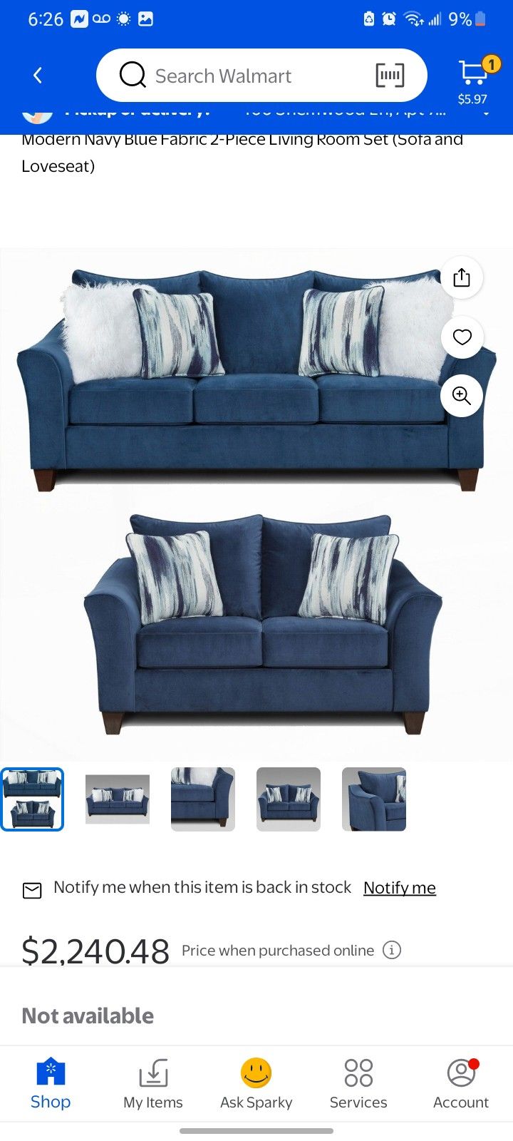Roundhill Furniture Camero Pillowback Sofa and Loveseat Set, Blue Polyester Upholstery