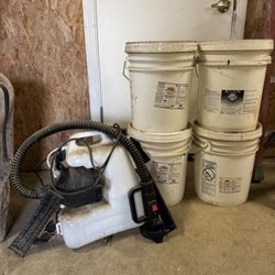 4 5 Gallon Buckets Of Hand Sanitizer, And Sprayer