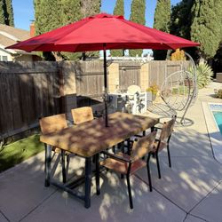 Outdoor Wood Table +4 Chairs +Umbrella 