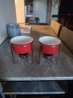 Red Ceramic Ramekins with Chrome Warming Stands