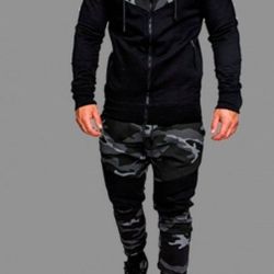 Hooded Collar Zipper Design Camo Two-Piece Pants Set