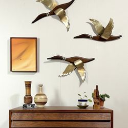 (3) Rare Mid Century Wall Brass & Wood Flying Birds