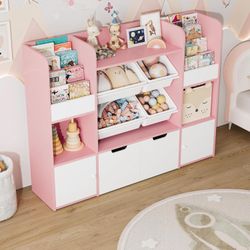 50'' Large Toy Storage Organizer with 4 Toy Bins, 6 Cubbies, 2 Movable Drawers, Bookshelf for Kids, Playroom Organization, Pink