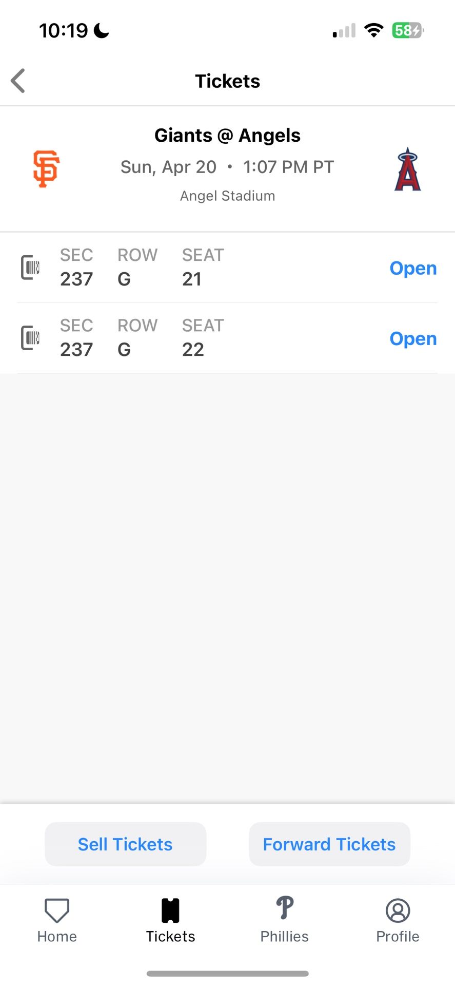 2 Angles Vs Giants Baseball Tickets 4/20