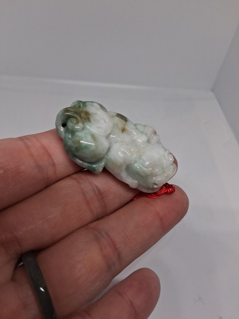 Certified A Green Brownish Jade Jadeist Burma Pixiu Pdmt Rope Neckalce 1.5"x1"