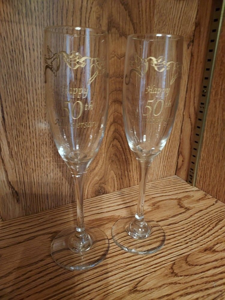 A Pair Of Champagne 🥂 Glasses 9" Tall 50th Anniversary Golden Lettering
