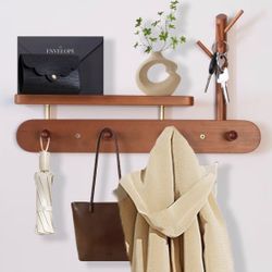3 in 1 Coat Rack Wall Mount with Shelf, 16" Cherry Wood Coat Hooks for Wall, Entryway Hanging Shelf with Key Holder, Coat Hanger Hat Rack for Entryway