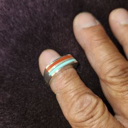 Vintage 50'S Navajo Sterling Silver Turquoise and Coral Ring