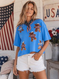 4th of July fireworks sequin teddy bear top