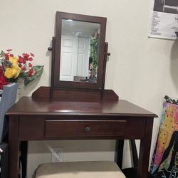 Dark Brown Mirror Vanity With Chair 