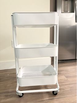 MOVING SALE: White 3-Tier Metal Mesh Utility Cart on Wheels