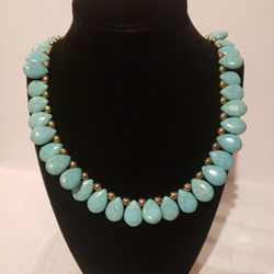 Genuine Turquoise Howlite Teardrops & Round Gold Beads Necklace 24"  F10 