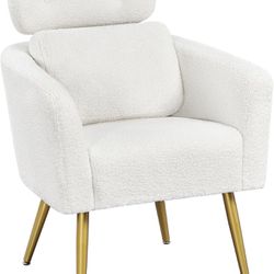 Accent Chair, Cozy Living Room Chair with Adjustable Headrest, Boucle Vanity Chair with Lumbar Pillow and Golden Legs, Modern Armchair for Bedroom Lou