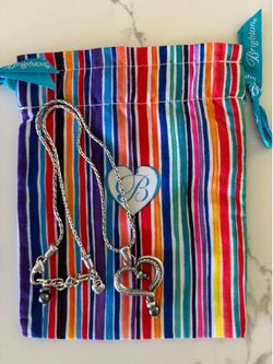 NWOT Brighton Widsom Black Pearl Heart Retired Silver Pendant Necklace & Brighton Pouch Dustbag