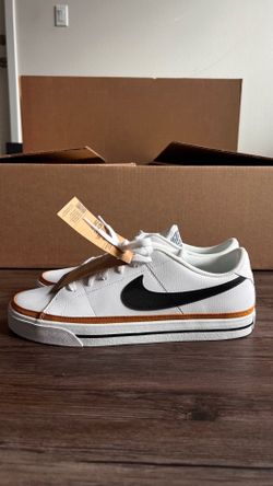 Nike Men's Court Legacy Next Nature shoes in white, black, and desert ochre