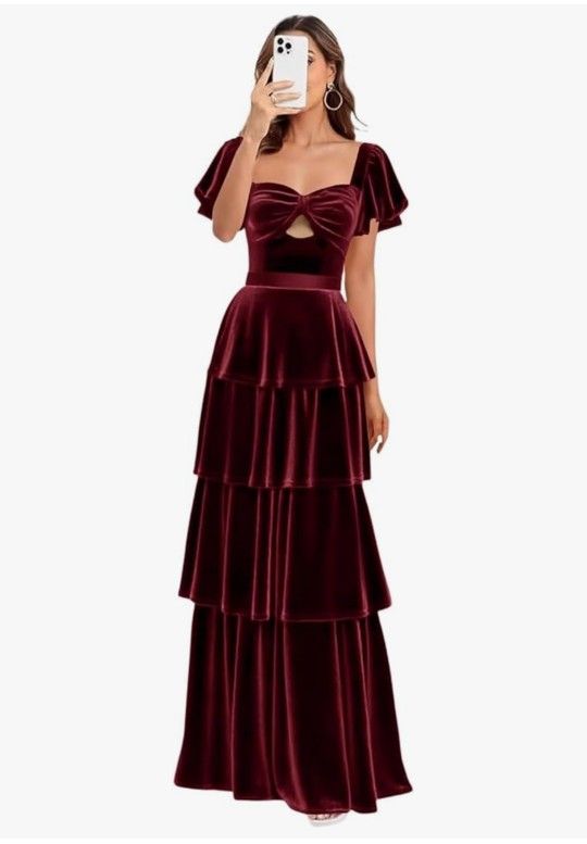 hort Sleeve Velvet A Line Pleated Cocktail Dresses for Women Long Cut Out Tiered Formal Evening Gown