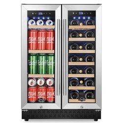 H35  W23.5  D 22.5    Wine and Beverage Refrigerator Under Counter, Dual Zone Black Beverage Fridge with Glass Door&Lock,20 Bottles & 88 Cans Wine and
