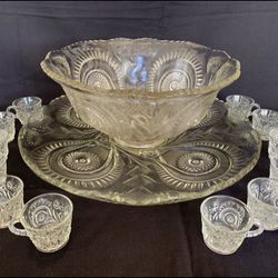 Vintage L.E. Smith Pinwheel & Stars EAPG (Slewed Horseshoe) Punch Bowl Set with Underplate & Cups