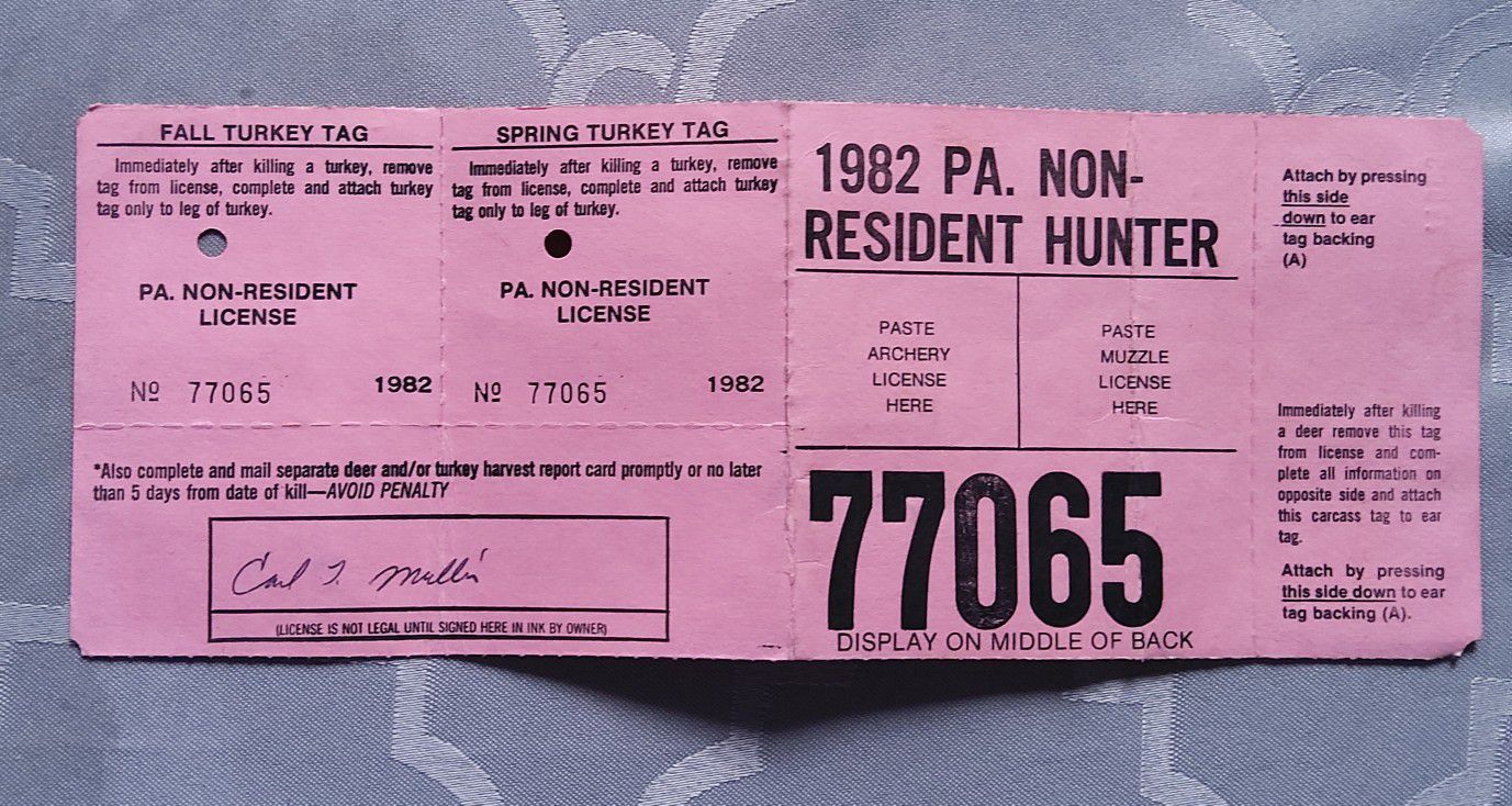 PA Non Resident Hunting Liscense 1982