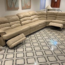 Beige Real Leather Sectional Sofa And Tables Set- Great Condition. 
