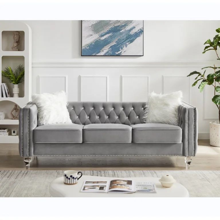 3 Seater Velvet Crystal Buckle Uphostered Sofa with 2 Plush Pillows, Modern Living Room Couch