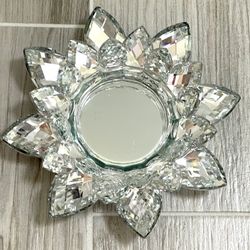 CRYSTAL CUT GLASS MIRROR LOTUS FLOWER SHAPED CANDLE HOLDER 