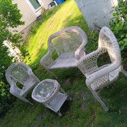 Patio White Wicker Two Chairs One Bench And Glass Table