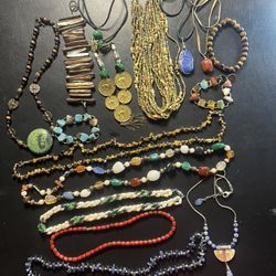 Vintage Beaded Gem Jewelry Lot, Tigers Eye, African, Ethnic Tribal Artisan Necklaces Bracelets , Boho Festival 