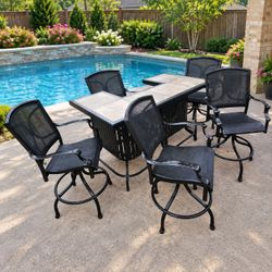Aluminum Outdoor Patio Bar Set – Tile-Top Counter & 5 Swivel Bar Stools