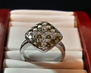925 EP Multi-Gemstone Cocktail Ring, (16) Square Cut Peridot Gemstones & (9) White Topaz Gemstones, Size 7.75