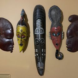 Set Of 5 african Carved Masks