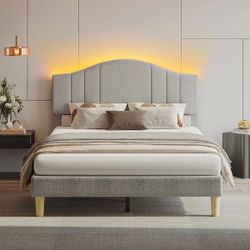 Gray Wood Frame Full Upholstered Platform Bed Scalloped Bed Frame with LED Adjustable Arc Headboard