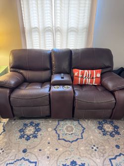 Brown Leather Reclining Loveseat with Console