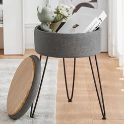 Vanity Stool Chair for Makeup Room, Gray Round Storage Ottoman, Stool for Vanity with Gold Legs, 19” Vanity Chair, Ottoman Makeup Vanity Stool Chair f