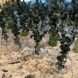 63 bud vase centerpieces with Eucalyptus. green and clear wedding decor holiday centerpieces