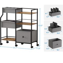 3 Tier Rolling Cart Organizer - Sturdy Wooden Book Shelves, Soft-Sided Fabric Bins, Mobile Storage Cart for Home, Office, Kitchen & Bedrooms