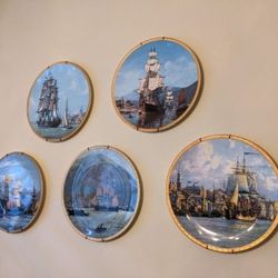 5) Collectable Nautical Plates Ocean Decor Collection 24k Gold Rim Set Hamilton PASSAGE to CHINA American Ships by Raymond Massey 11" Plates