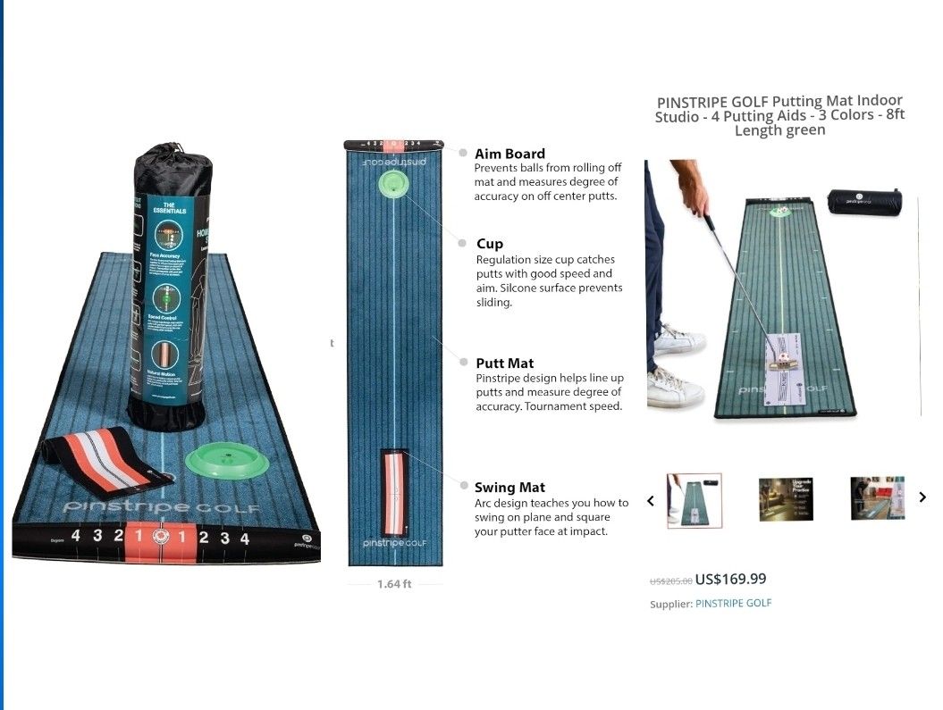 PINSTRIPE GOLF Putting Mat Indoor Studio -- 8ft Length, NEW